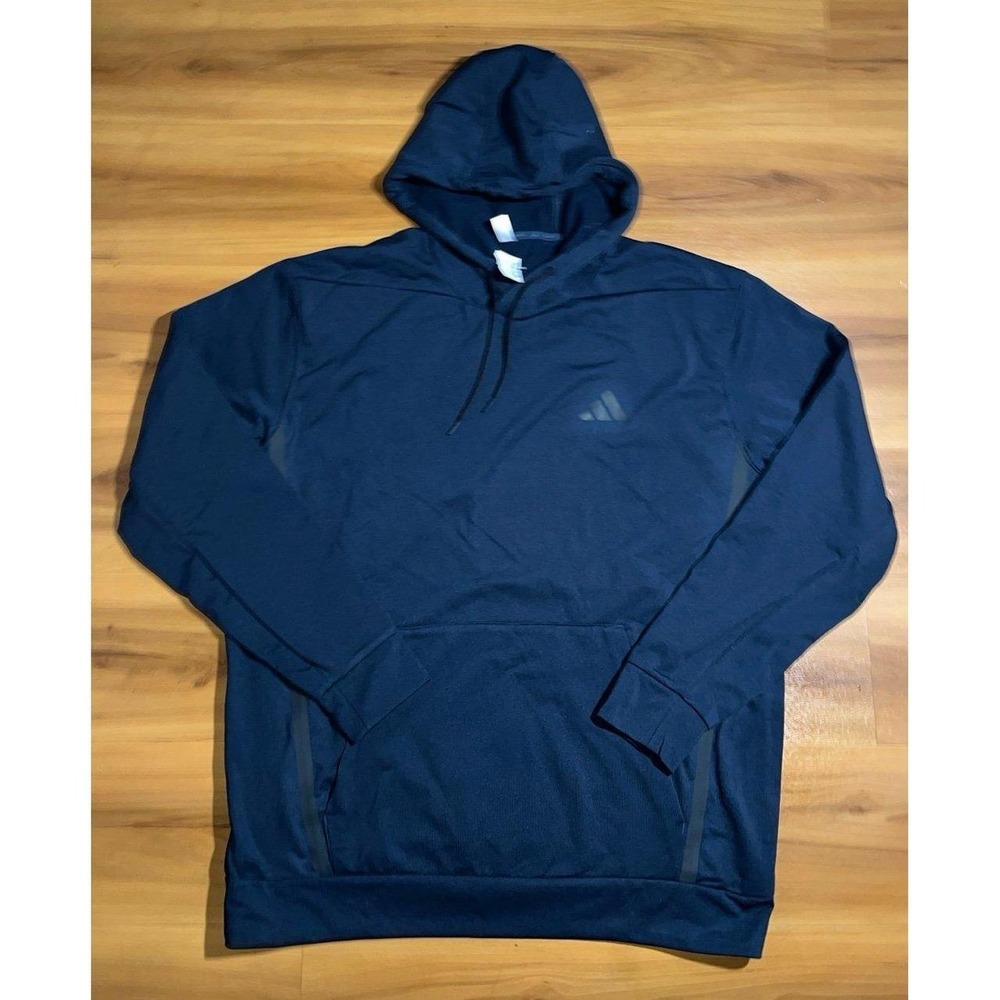 Mens NWT Adidas 3 Stripes Navy Black Drawstring Pullover Sweatshirt Hoodie